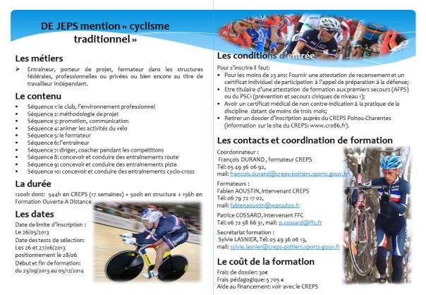 Formation DEJEPS Cyclisme Traditionnel au CREPS de Poitou Charentes
